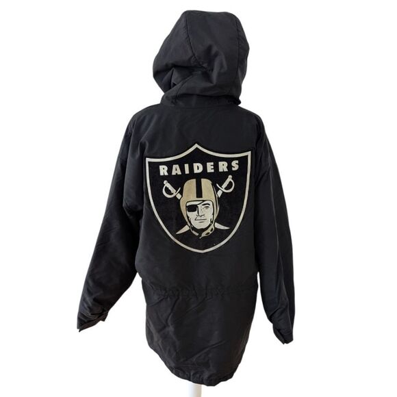 Vintage Oakland Raiders x Locker Line Big Logo Black Hooded Parka Jacket Size L - Picture 1 of 10